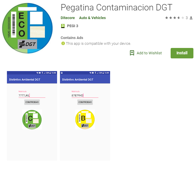 Vista previa de la aplicación en Google Play "Pegatina Contaminación DGT"