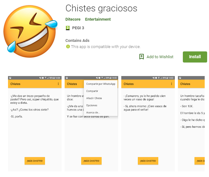 Vista previa de la aplicación en Google Play "Chistecitos"