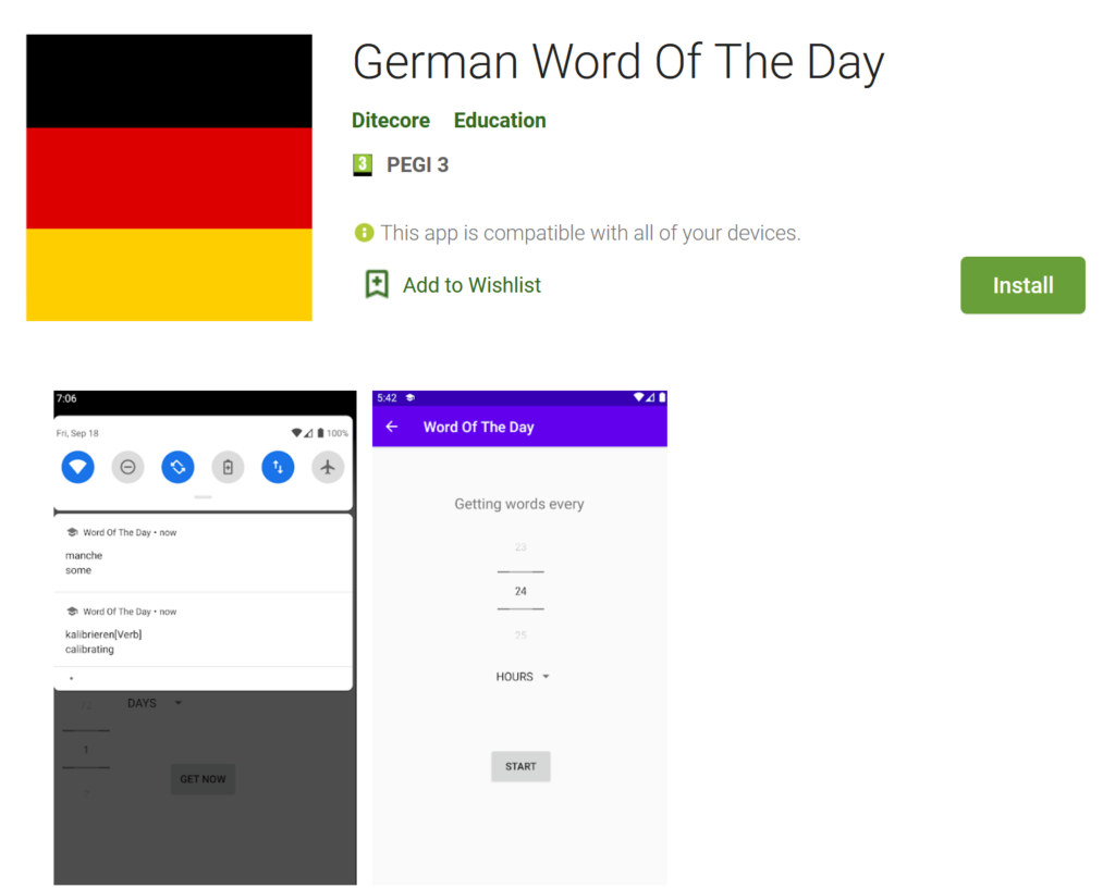 Vista previa de la aplicación en Google Play app para aprender alemán "German Word Of The Day"