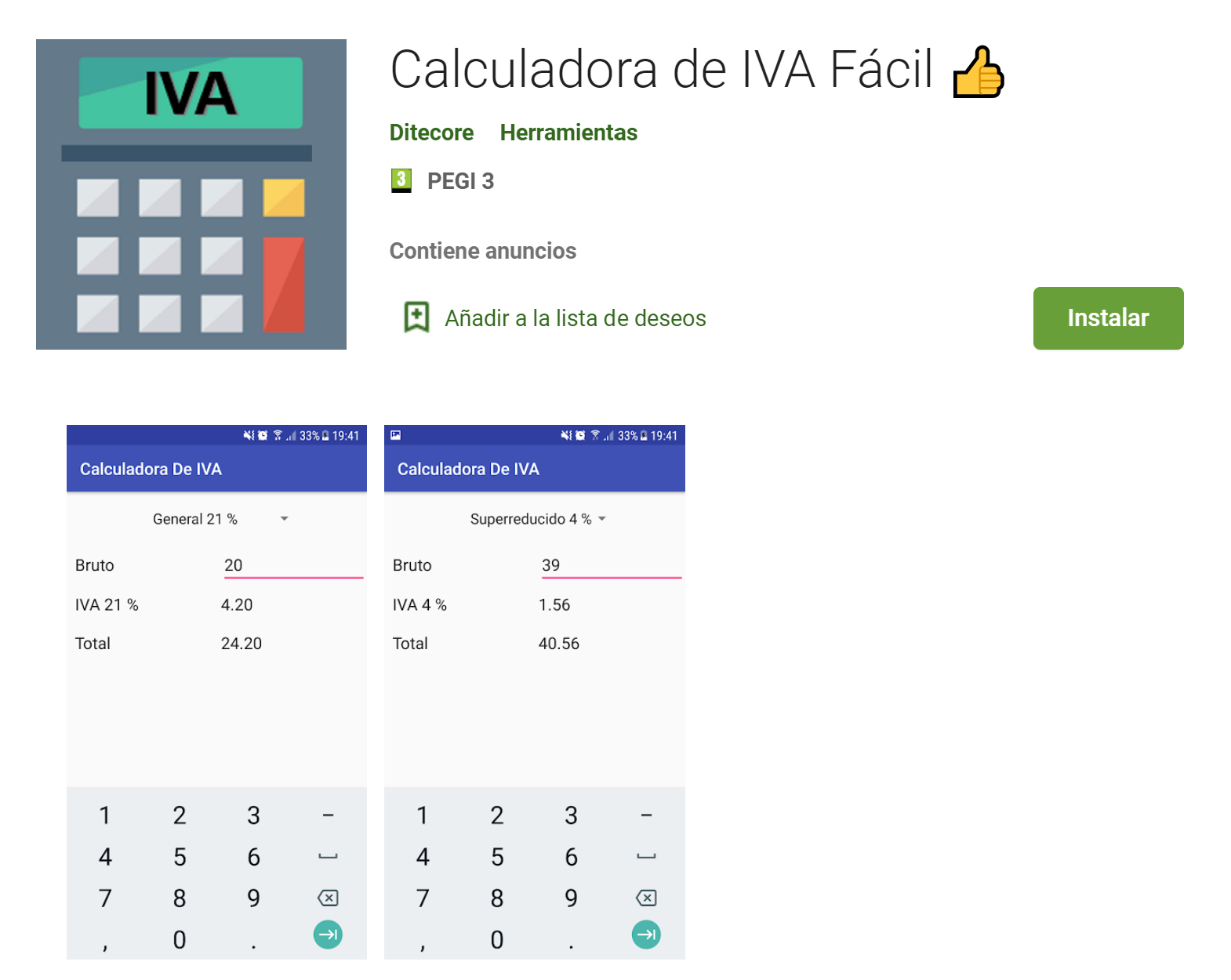 Vista previa de la aplicación en Google Play "Calculadora de IVA Fácil"